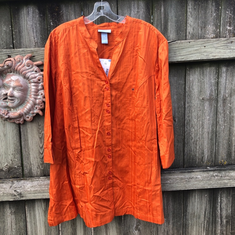 Liz & Me Dark Orange Button-Front Tunic Top 3/4 sleeve